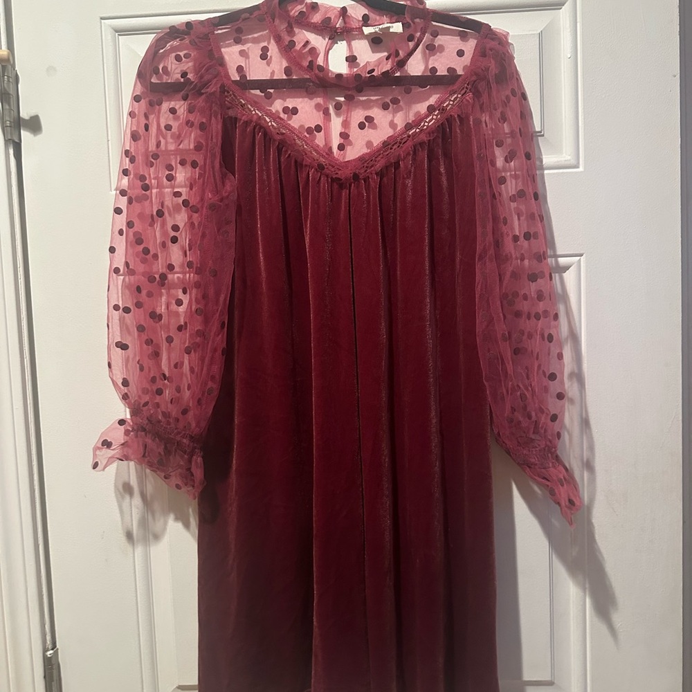 Umgee Velvet Burgundy Dress with Sheer Pink Sleeves-Pretty!